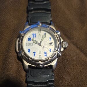 Fossil Silver and Black Watch with Blue Accents